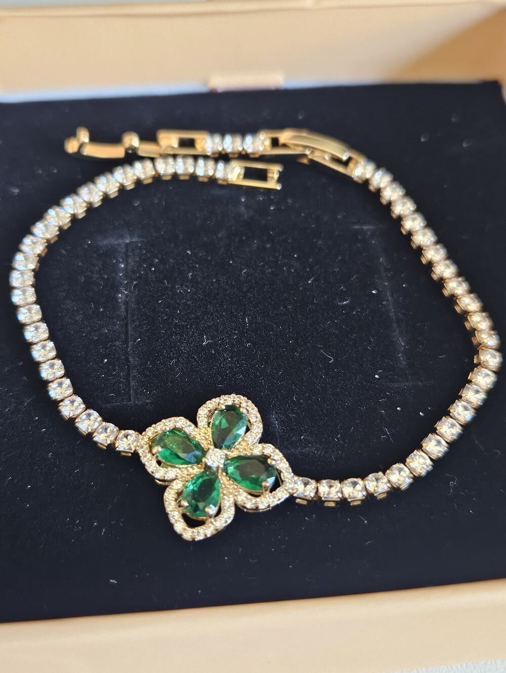 Gold Plated Green Clover & CZ Tennis Bracelet